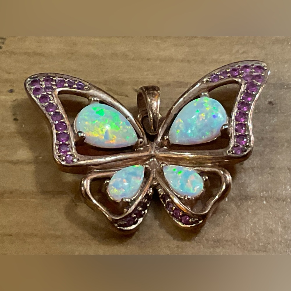 PAJ: 925 stamped vintage rose gold plated/toned opal n garnet butterfly pendant